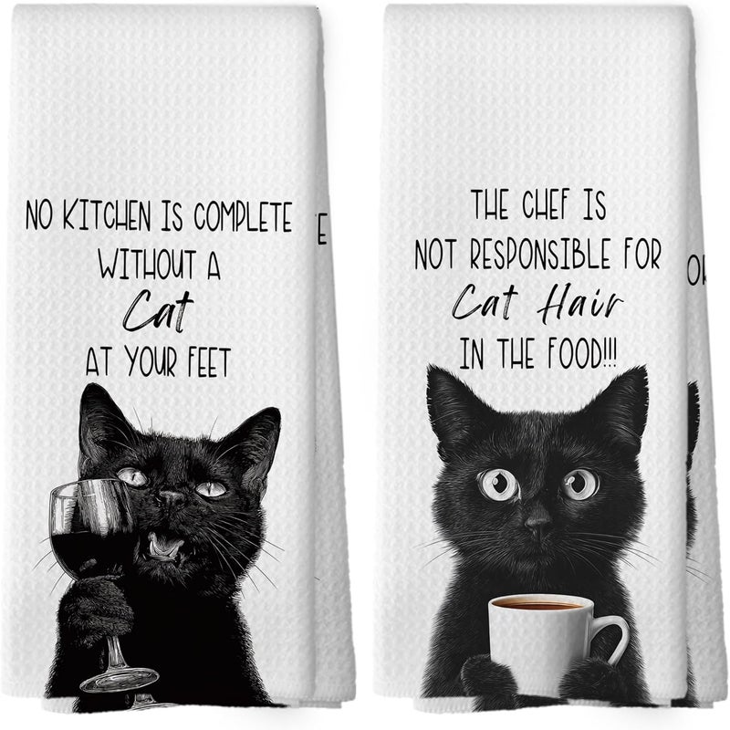 Mcehtle Funny Cat Kitchen Towels Set of 2, Cats Kitchen Accessories, Coffee Wine Station Decor, Chef Gift Hand Towel, No Kitchen is Complete Without a Cat at Your Feet Tea Towel 16x24 Inch - Image 1